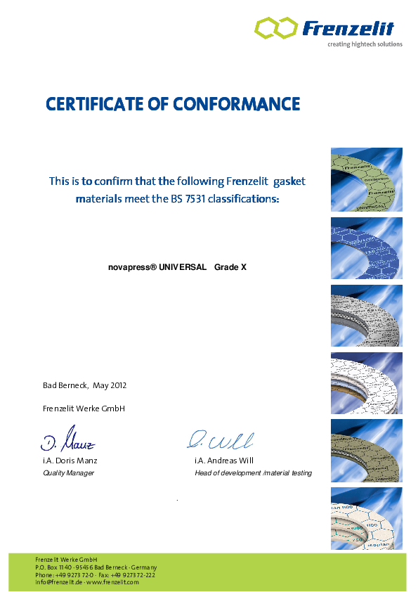 Certificate of Conformance acc. to BS 7531 Grade X novapress® UNIVERSAL