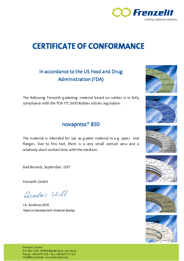 Certificate of Conformance FDA novapress® 850