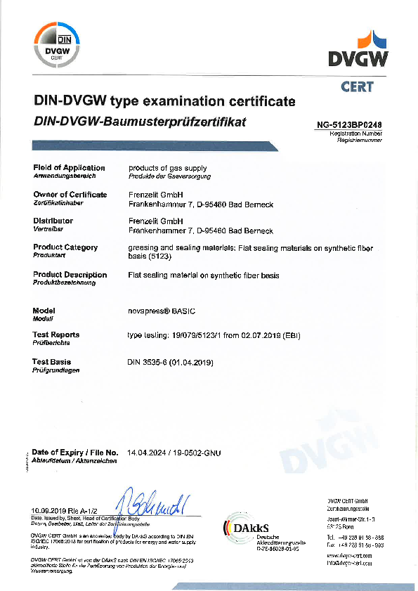 Approval DVGW for novapress® BASIC