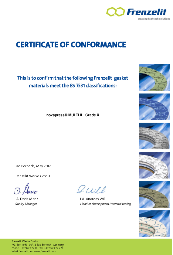 Certificate of Conformance acc. to BS 7531 Grade X novapress® MULTI II